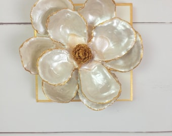 Ready to Hang Oyster Shell Magnolia: Pearl Sheen, Gold Rim - Southern Decor