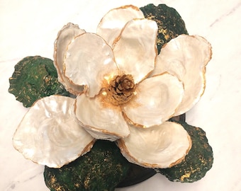 Oyster Shell Magnolia: Pearl Sheen, Gold Rim - Southern Decor