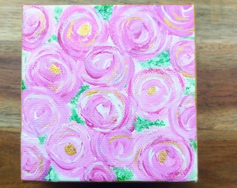 Original Pink Rose Painting: Gold Accent Canvas Art