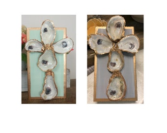 READY TO SHIP Oyster Shell Cross, Real Oyster Shell Artwork, Christian Shelf Art, Gold Painted Oyster Shell Gift, Seafood Art, Coastal Decor