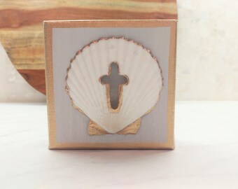Hand Carved Scallop Shell Cross Mounted on Small Canvas, Rimmed in Gold Leaf