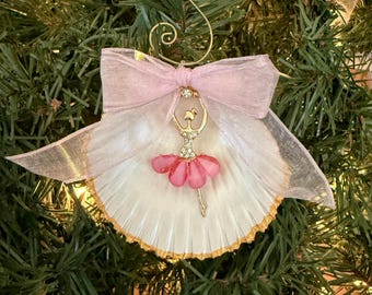 Sparkly Ballerina Scallop Shell Ornament: Handpainted Coastal Holiday Decor