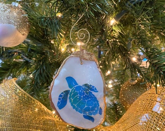 Decoupage  Oyster Shell Sea Turtle Ornament, Gilded Oyster Shell Christmas Decorations Southern Decor Ocean Ornament