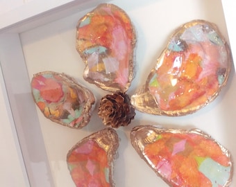 Decoupaged Oyster Shell Flower Art, Coastal Wall Decor