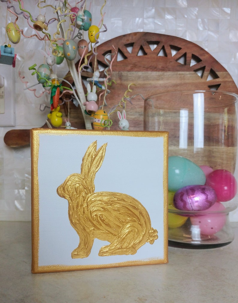 Handpainted Easter Bunny and Easter Egg Canvas Art, Textured Gold Bunnies and Eggs Canvas, Easter Home Decor, Small Easter Painting Art Bunny A