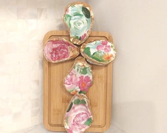 Decoupaged Oyster Shell Cross on Wood Cutting Board, Coastal Decor