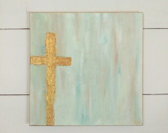READY TO SHIP Original Textured Gold Cross Painting in Beige, Blue, and Metallic Gold, Religious Housewarming Gift, Cross Christmas Gift
