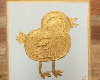 Handpainted Easter Canvas Art: Textured Gold Chick Decor (6x6)