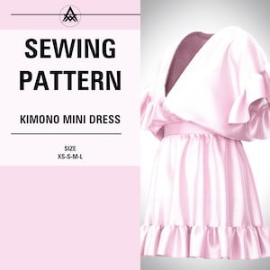 May include: A pink kimono mini dress sewing pattern with a ruffled hem and sleeves. The pattern includes sizes XS-S-M-L.
