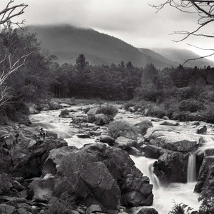 May include: A black and white photograph of a rushing river flowing over rocks in a forest. The river is surrounded by trees and a mountain range in the background.