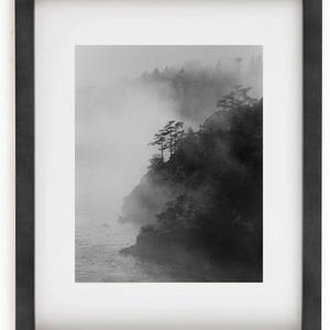 K&ouml;nnte beinhalten: Ein Schwarzwei&szlig;foto einer nebligen Waldszene mit einer K&uuml;ste im Vordergrund. Die B&auml;ume sind vor dem Nebel silhouettiert, und das Wasser ist ruhig und still.