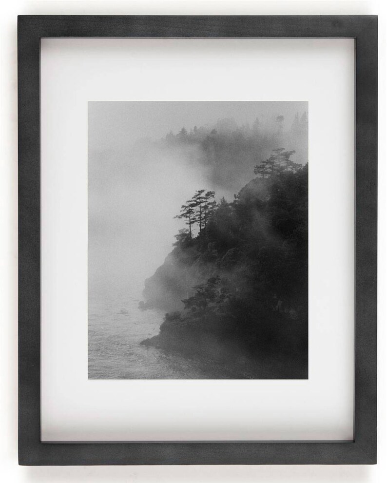 K&ouml;nnte beinhalten: Ein Schwarzwei&szlig;foto einer nebligen Waldszene mit einer K&uuml;ste im Vordergrund. Die B&auml;ume sind vor dem Nebel silhouettiert, und das Wasser ist ruhig und still.