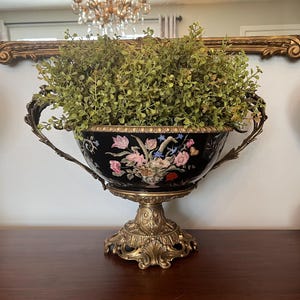 Vintage French Bronze Porcelain Floral Jardiniere Cachepot Urn