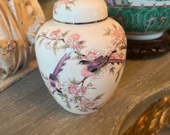 Vintage Asian Hand-Painted Floral Porcelain Ginger Jar