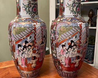 16” Rare Pair of Asian Rose Famille Hand Painted Porcelain Vases