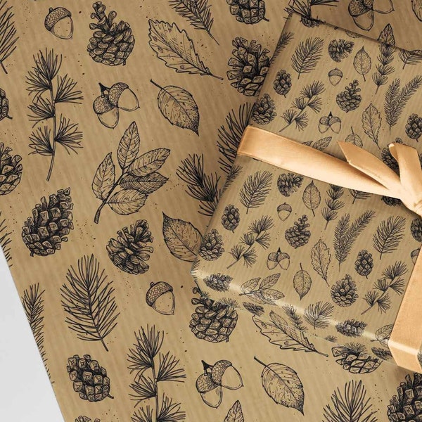 Eco Brown Kraft Christmas Wrapping Paper. Botanical gift wrap A3 recycled thick quality Forest Autumn. branches, acorns, pine cones, leaves