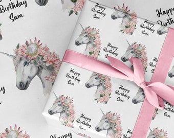 Unicorn with flowers wrapping paper Personalised A3 eco friendly thick quality gift wrap paper birthday her daughter auntie adult Customised