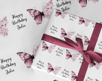Butterfly flower wrapping paper . Personalised ROLL eco friendly thick quality gift wrap paper for birthday her. Mothers Day, Customised.