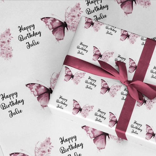 Butterfly flower wrapping paper . Personalised ROLL eco friendly thick quality gift wrap paper for birthday her. Mothers Day, Customised.