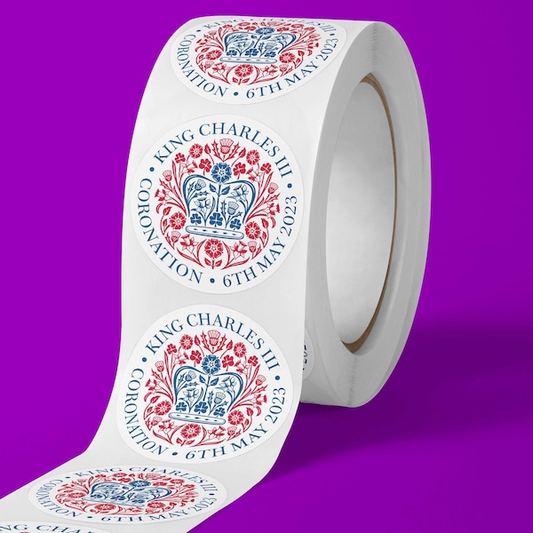 King Charles III 3rd Coronation Official Logo Sticker on a roll Celebration labels 25mm 35mm 50mm Street Party Official emblem logo postage