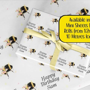 Bee wrapping paper.  floral Personalised ROLLS eco friendly thick quality gift wrap paper birthday her him son daughter Customised bee lover