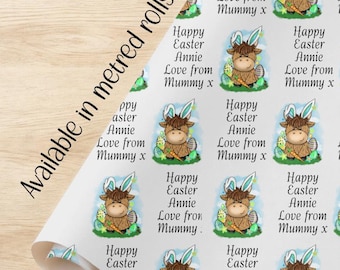 Papel de regalo de conejo de Pascua Highland Cow personalizado A3, papel de regalo de calidad gruesa y ecológico, rollo de tubo, regalo de Pascua feliz personalizado