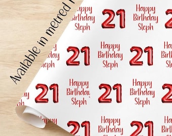 Papel de regalo para 21 cumpleaños con globos rojos. Rollos personalizados de papel de regalo ecológico de calidad para cumpleaños, para ella, para él, para hija.