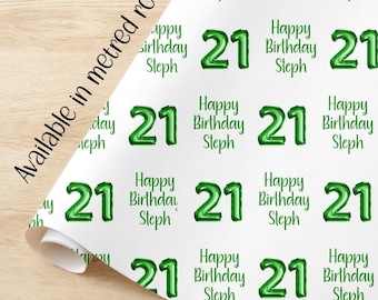 Papel de regalo para el 21 cumpleaños con globos VERDES. ROLLOS personalizados de papel de regalo ecológico de calidad para cumpleaños de ella, él, hija