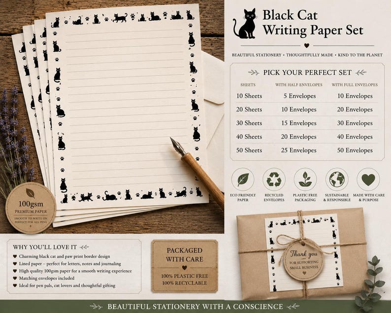 Gothic Black Cat Briefpapier Heksenbrief Papieren Notitiekaart Envelop Katachtig Halloween Penvriend Cadeau Schrijfbladen Bijpassende Enveloppen 100 gsm afbeelding 2