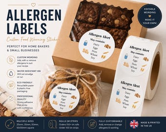 Allergen Warning Labels Food Packaging Stickers Bakery Safety Seals Custom Ingredient Tags.