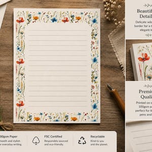 May include: A rectangular sheet of off-white stationery featuring horizontal lines and a colorful border of wildflowers in shades of red, blue, and orange. The paper is 100gsm, FSC certified, and recyclable, designed for use with fountain pens and ink.