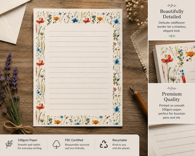 May include: A rectangular sheet of off-white stationery featuring horizontal lines and a colorful border of wildflowers in shades of red, blue, and orange. The paper is 100gsm, FSC certified, and recyclable, designed for use with fountain pens and ink.