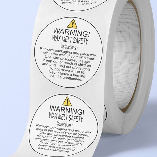 Wax melt warning safety instruction. Stickers on a roll. Crafting safety labels. business labels. Caution to use wax melting labels.