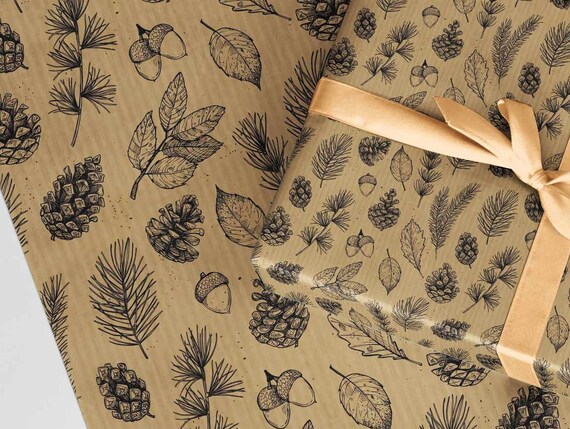 Eco Brown Kraft Christmas Wrapping Paper. Botanical Gift Wrap A3 Recycled  Thick Quality Forest Autumn. Branches, Acorns, Pine Cones, Leaves 