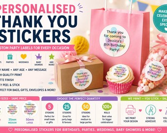 Personalised Birthday Thank You Stickers Custom Party Labels Kids Event Favour Seal Wedding Baby Shower Envelope Decor