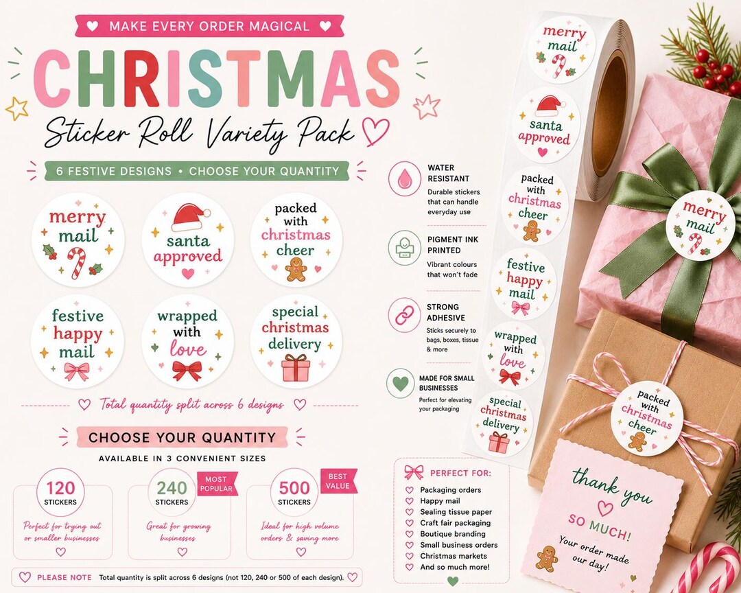 Christmas Sticker Roll Variety Pack Festive Packaging Labels Merry Mail ...