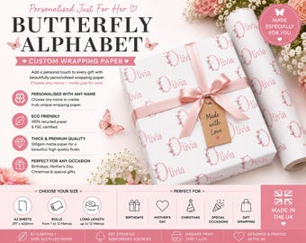 Personalised Name Wrapping Paper Butterfly Alphabet Gift Wrap Custom Birthday Christmas Mothers Day Girls Present