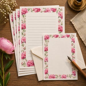 May include: A set of stationery featuring a floral border of pink peonies and green leaves. The collection includes multiple sheets of lined paper and a smaller unlined card, each with a matching peony pattern, accompanied by cream-colored envelopes.