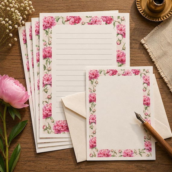Peony Correspondence Set, Floral A5 Sheets with Envelopes, Cottagecore Pen Pal Supplies, Pink Botanical Stationery, 100gsm Gift