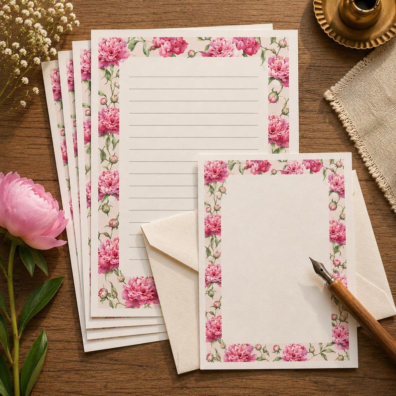 May include: A set of stationery featuring a floral border of pink peonies and green leaves. The collection includes multiple sheets of lined paper and a smaller unlined card, each with a matching peony pattern, accompanied by cream-colored envelopes.