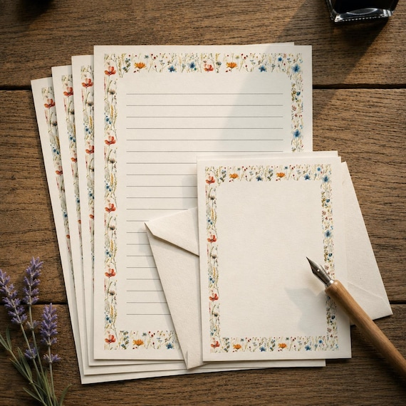 Wildflower Stationery Set, A5 Letter Paper, Cottagecore Correspondence Kit Pen Pal Supplies, Floral Writing Sheets Matching Envelopes 100gsm
