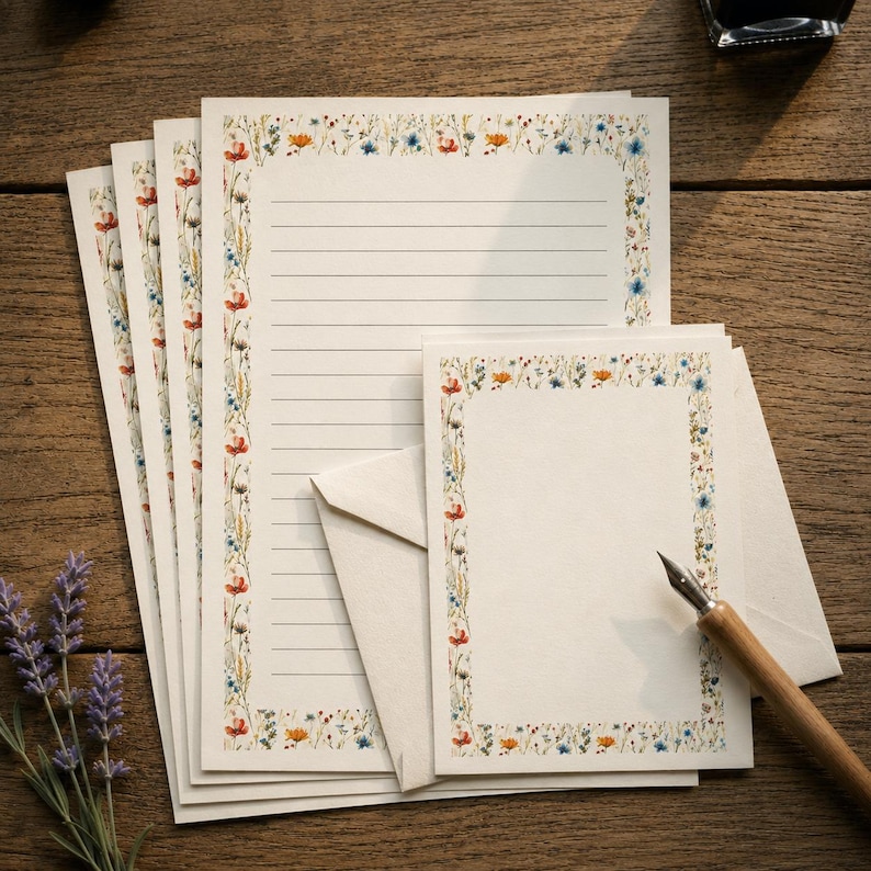May include: A stack of cream-colored stationery featuring a delicate border of colorful wildflowers, including red poppies and blue cornflowers. The set includes lined writing paper, a smaller unlined note card, a matching envelope, and a wooden fountain pen.