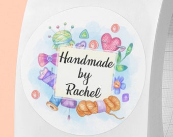 Personalised handmade by customised name label. Packaging. Branding craft crochet knit sticker envelope box. Business crafting 35mm 50mm