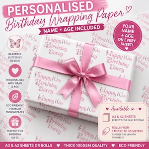 May include: Personalized birthday wrapping paper with a pink bow. The white paper is printed with "Happy 10th Birthday Darcy" in pink. The text "Your Name + Age on Every Sheet!" is also visible. The wrapping paper is eco-friendly and available in A3 & A2 sheets or rolls.