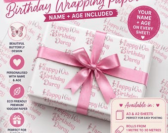 Personalised Birthday Wrapping Paper | Custom Name & Age Gift Wrap | Butterfly Girl Wrap | A3 A2 Sheets or Rolls
