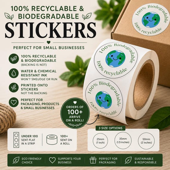 Biodegradable Packaging Stickers Eco Friendly Labels Recyclable Packaging Seals Small Business Roll Stickers