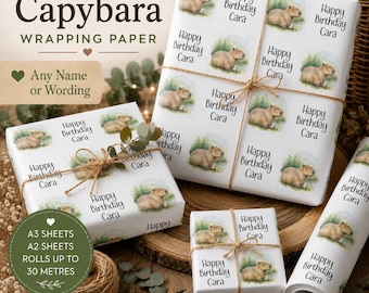 Capybara Wrapping Paper Personalised Gift Wrap Custom Name Birthday Paper Eco Friendly A3 A2 30m Rolls