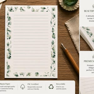 Puede incluir: Una hoja rectangular de papel de carta blanco con un borde de hojas de eucalipto en acuarela verde y l&iacute;neas horizontales. El papel est&aacute; etiquetado como 100gsm, certificado FSC y reciclable. El texto indica Beautiful Design y Premium Quality.