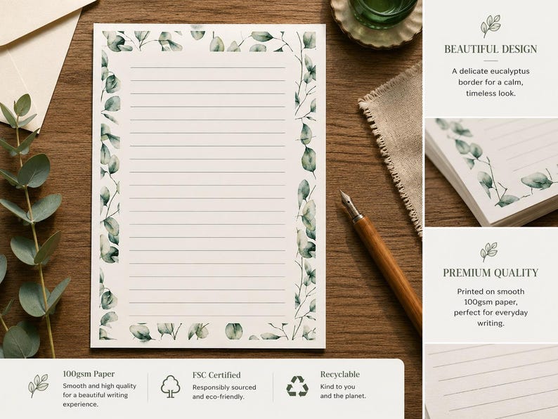 Puede incluir: Una hoja rectangular de papel de carta blanco con un borde de hojas de eucalipto en acuarela verde y l&iacute;neas horizontales. El papel est&aacute; etiquetado como 100gsm, certificado FSC y reciclable. El texto indica Beautiful Design y Premium Quality.
