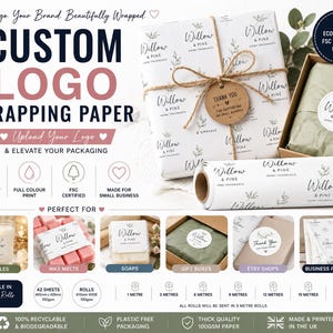 Anpassad logotyp Presentpapper Personlig förpackning Varumärkesbyggande Småföretag Miljövänlig presentinslagning Ladda upp konstverk Tryckta ark Rullar